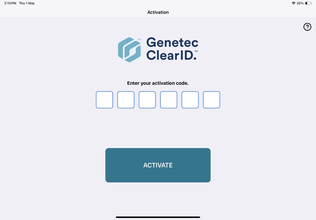 Example of the Genetec ClearID Self-Service Kiosk mobile app showing the registration key screen.