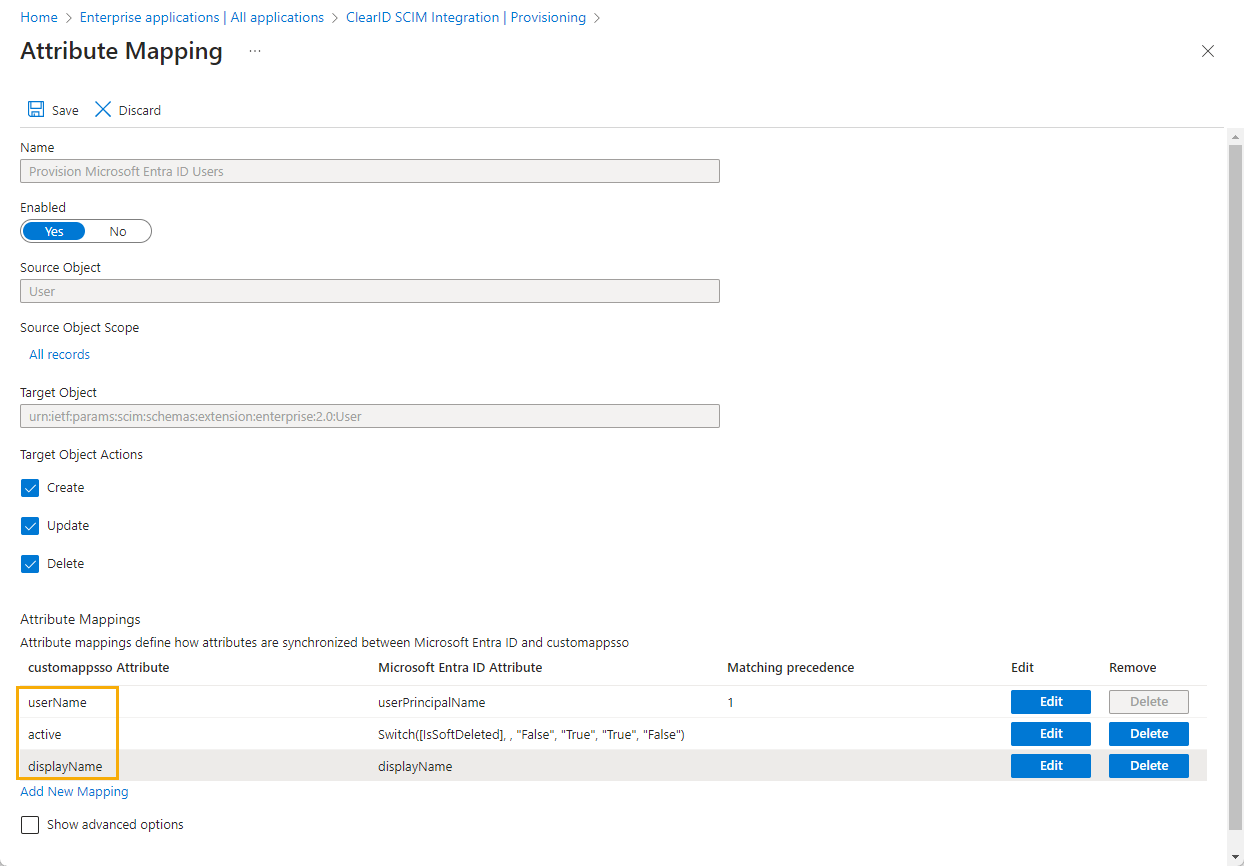 Attribute mapping page in Microsoft Azure showing the user source object with three attributes highlighted.