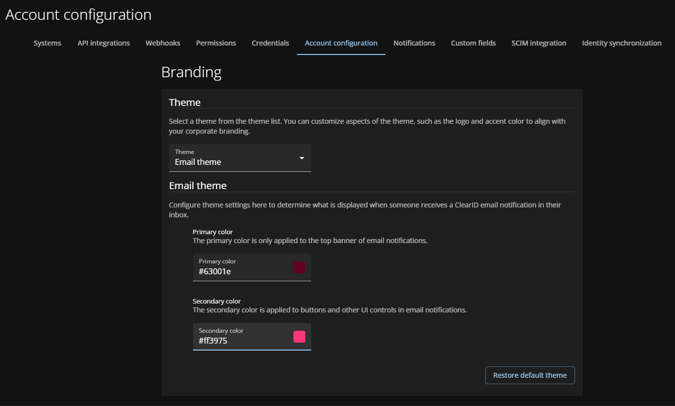 The Email theme section of the Account configuration page in the ClearID portal.