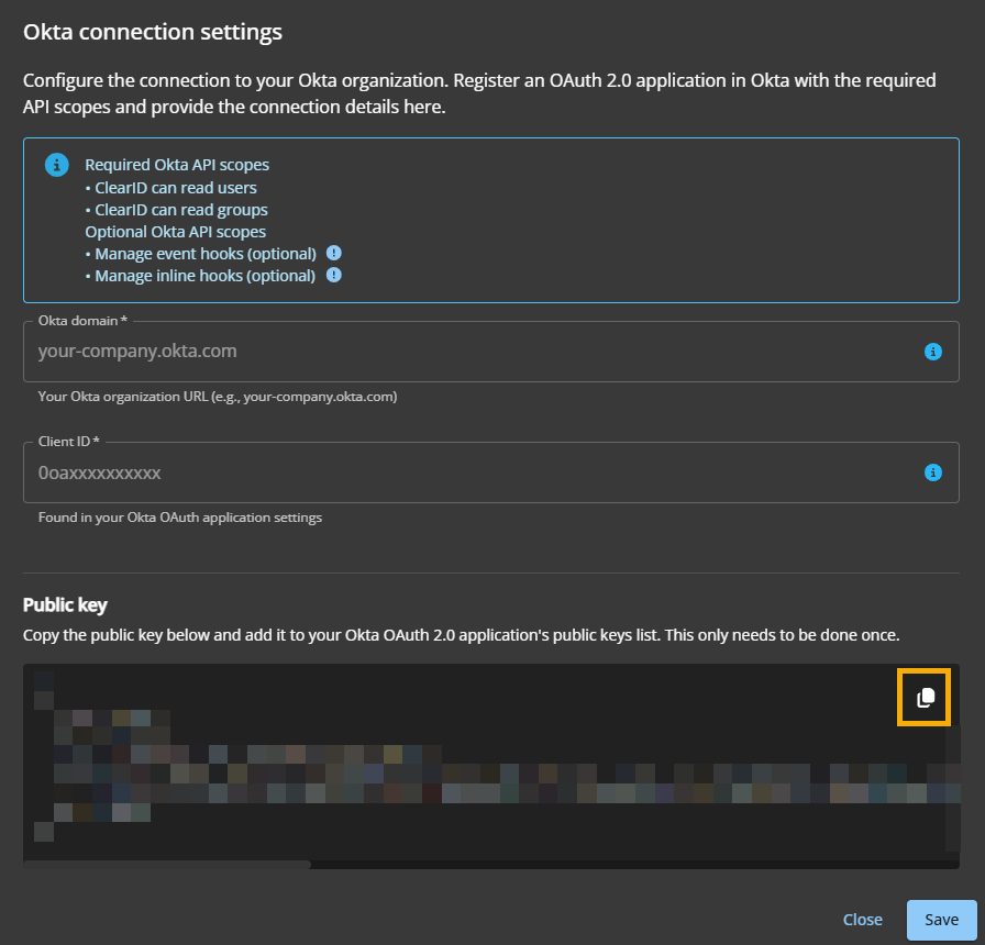 The Okta connection settings dialogue in the ClearID portal.