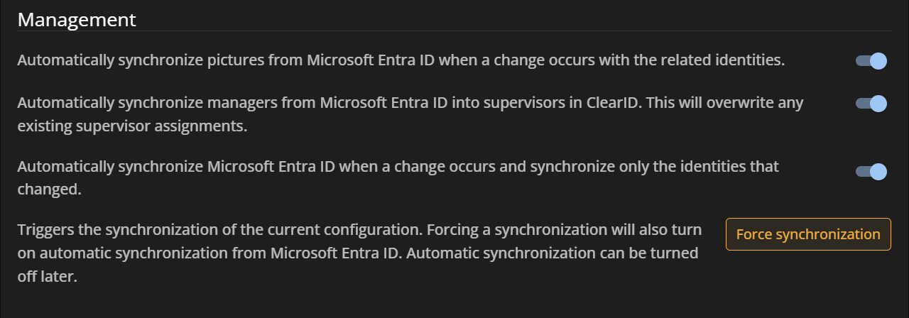 The Identity synchronization Management settings in the ClearID portal.