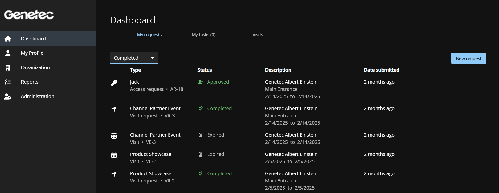 Dashboard Inbox in ClearID with the My requests page open showing Completed requests.
