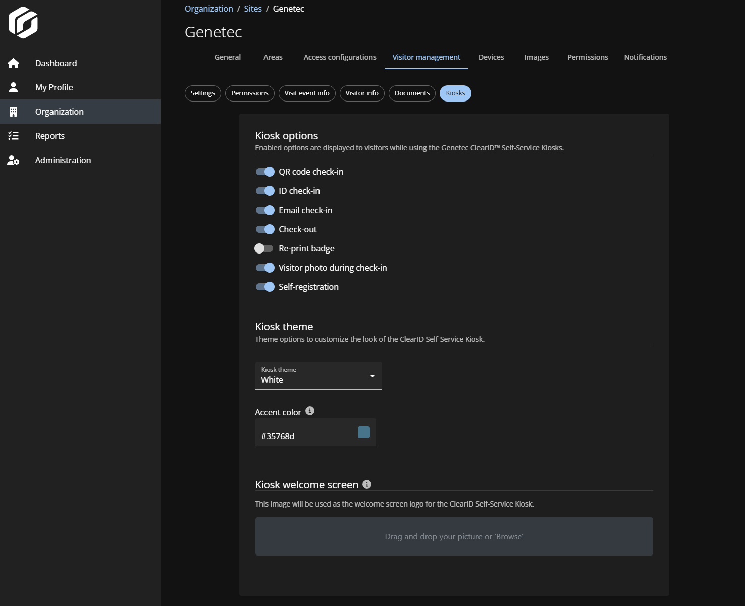 A site page in ClearID showing the visitor management tab kiosk customization options.