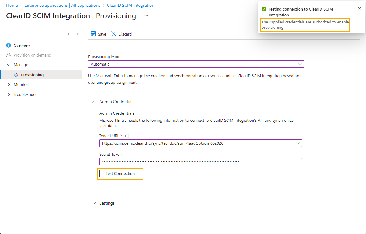 Provisioning page in Microsoft Azure showing the ClearID SCIM integration connection settings.