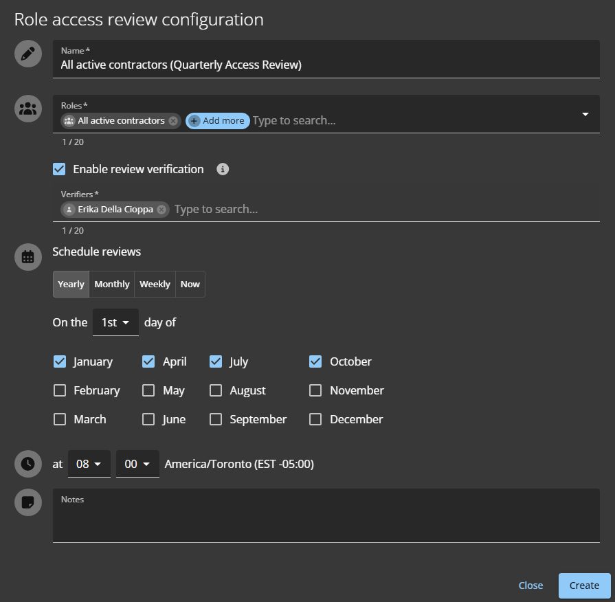 Role access review schedule dialog in ClearID showing all active contractors yearly schedule example.