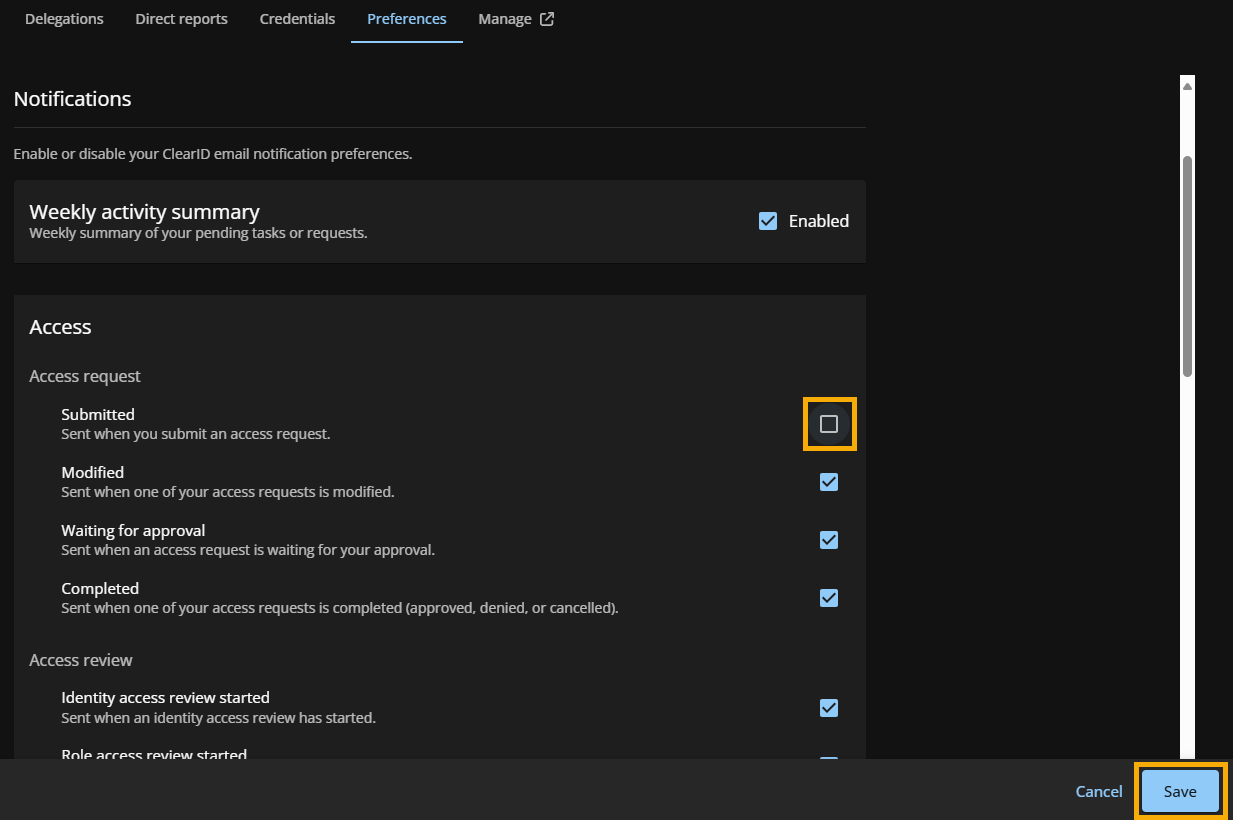 The Notifications section of the Preferences page with the Access request submitted notification disabled.