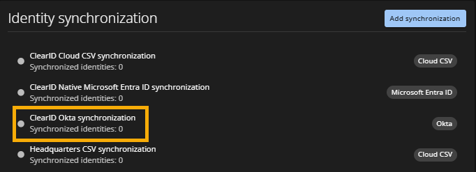 The Identity synchronization page in the ClearID portal with a new Okta synchronization configuration.