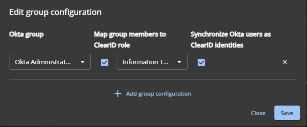 The Edit group configuration dialog in the ClearID portal.