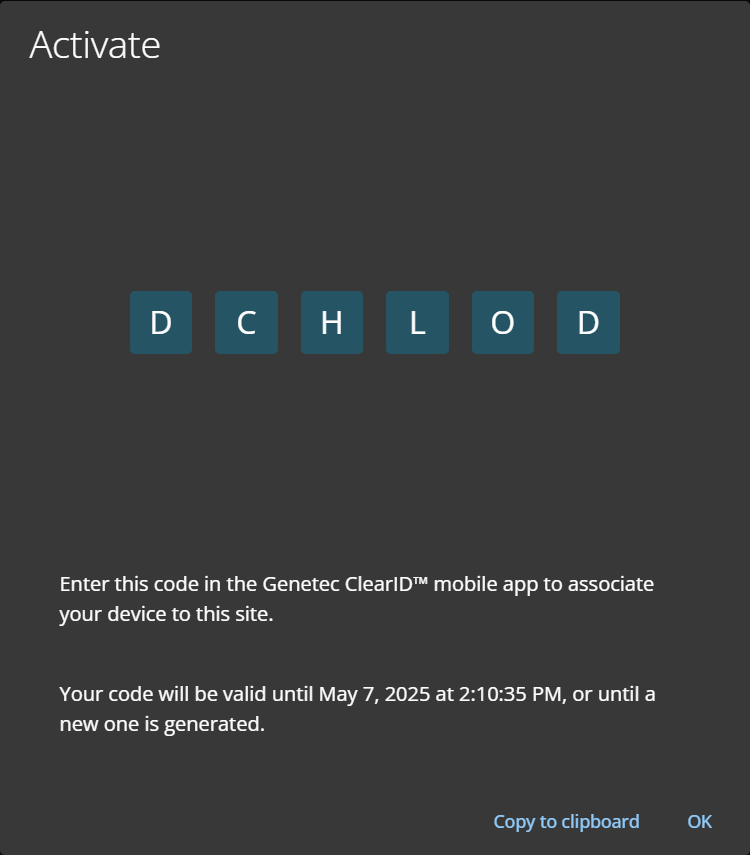Activate device dialog in ClearID with the activation code completed.