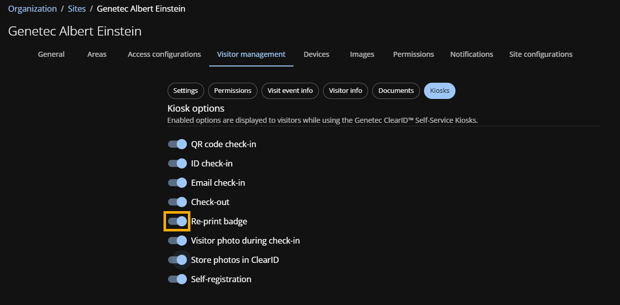 The Kiosk options section of the Kiosks page with the Reprint badge option turned on.