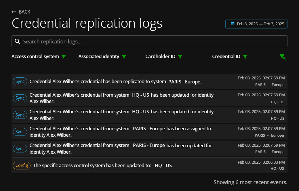 Credential log in ClearID showing some credential audit trail activities.