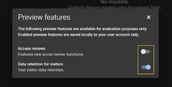 Preview features dialog in ClearID showing one feature enabled and another feature disabled.