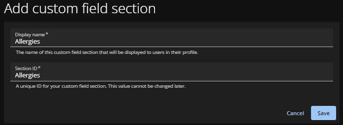 The Add custom field section page of the ClearID web portal with Section ID and Display name values filled in.