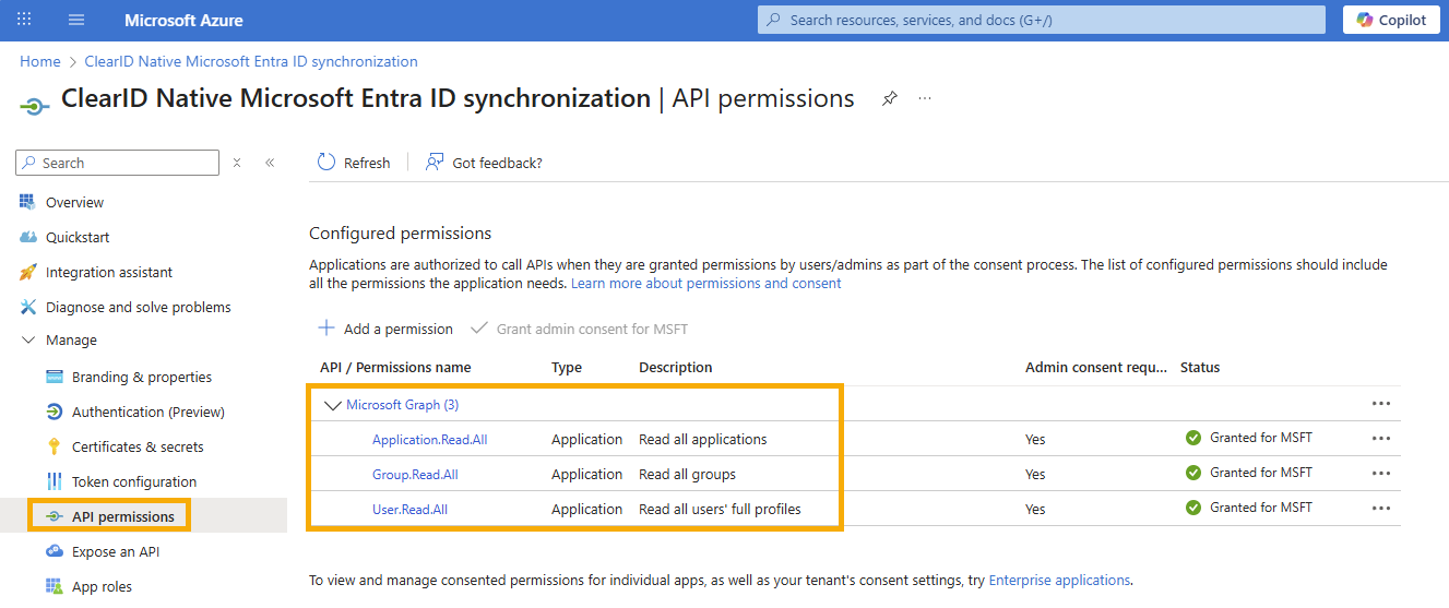 The enterprise application API permissions page in the Azure web portal with the required permissions highlighted.
