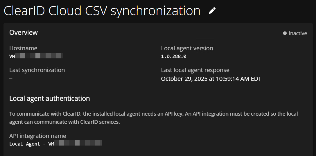 The ClearID portal with an active local agent API integration.