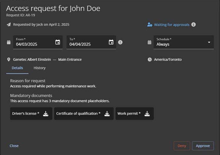 Los detalles de una solicitud de acceso pendiente de revisión en el portal de ClearID.