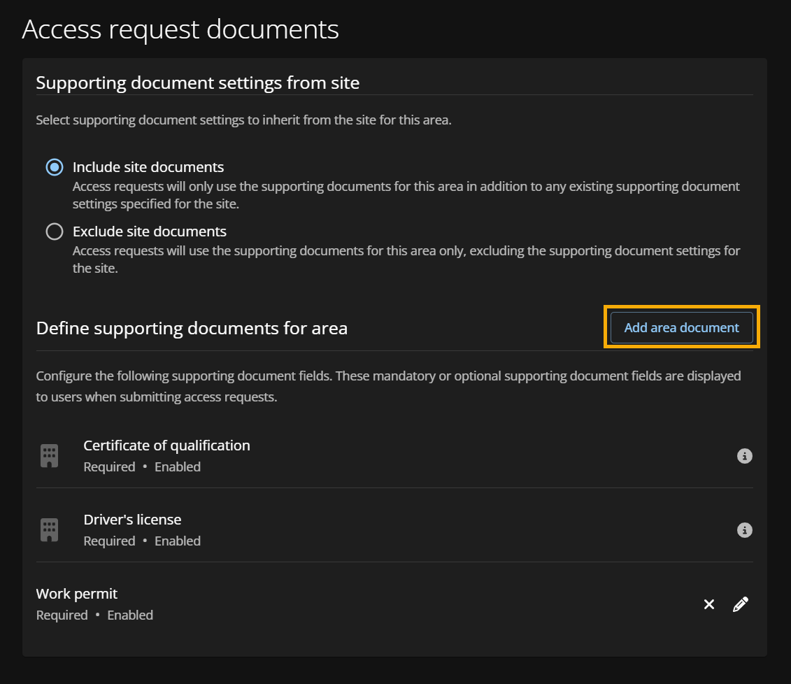 La sección de Documentos de solicitud de acceso de la página de configuración de solicitud de acceso en el portal de ClearID.