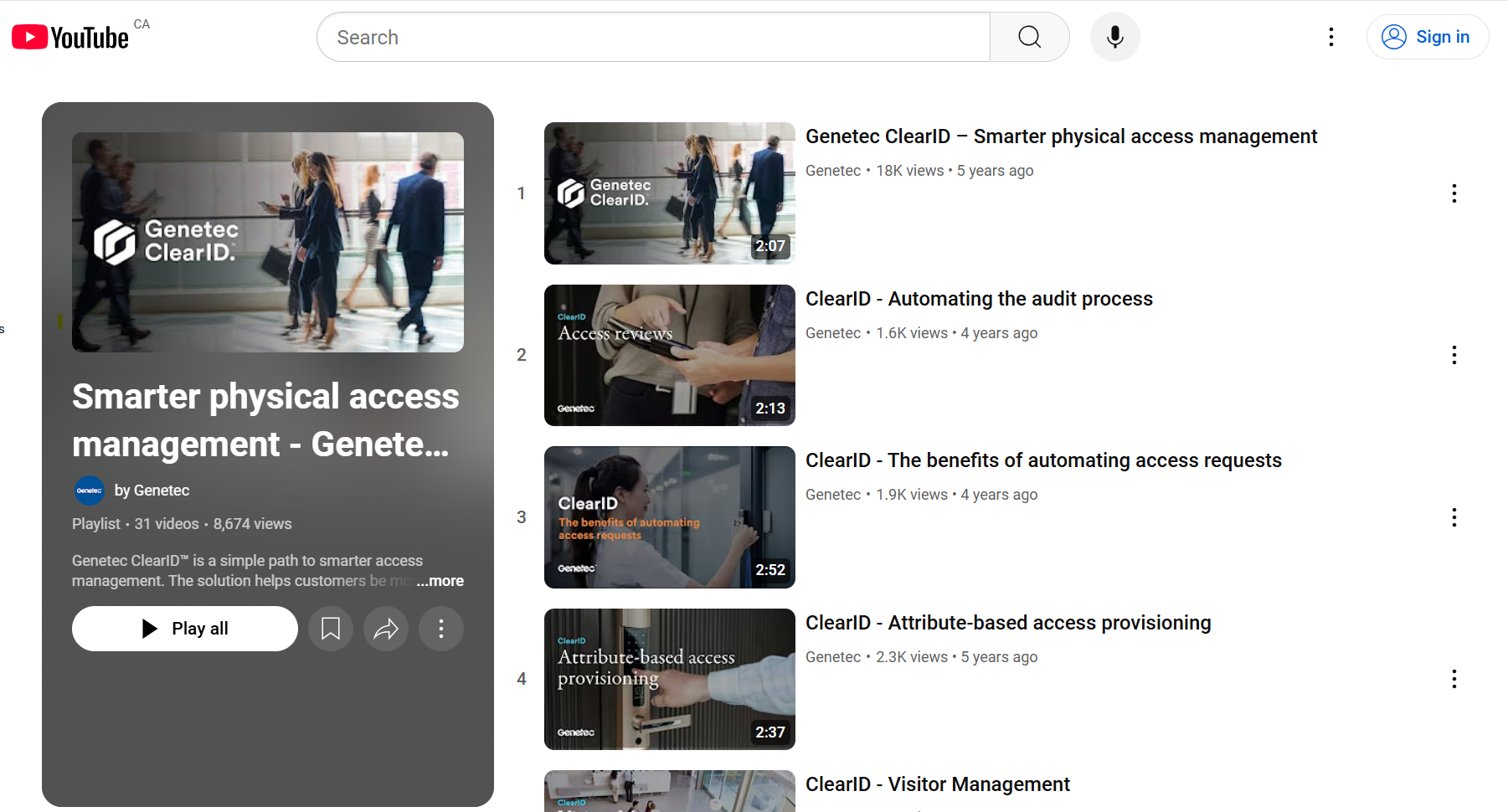 Lista de reproducción de videos de ClearID alojada en YouTube.