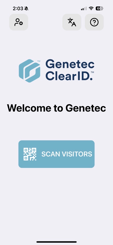 La página de Bienvenida en la aplicación Genetec ClearID Self-Service Kiosk para iPhone que muestra la opción Escanear visitantes.