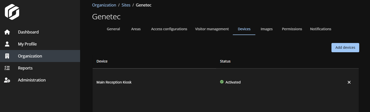 Una página del sitio en ClearID que muestra la pestaña Dispositivos con un dispositivo activado.