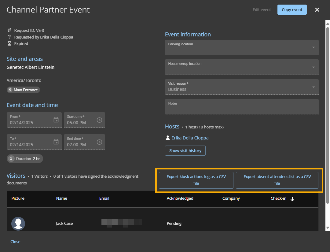Un evento de visita en ClearID con los botones de registro de eventos de visita resaltados.