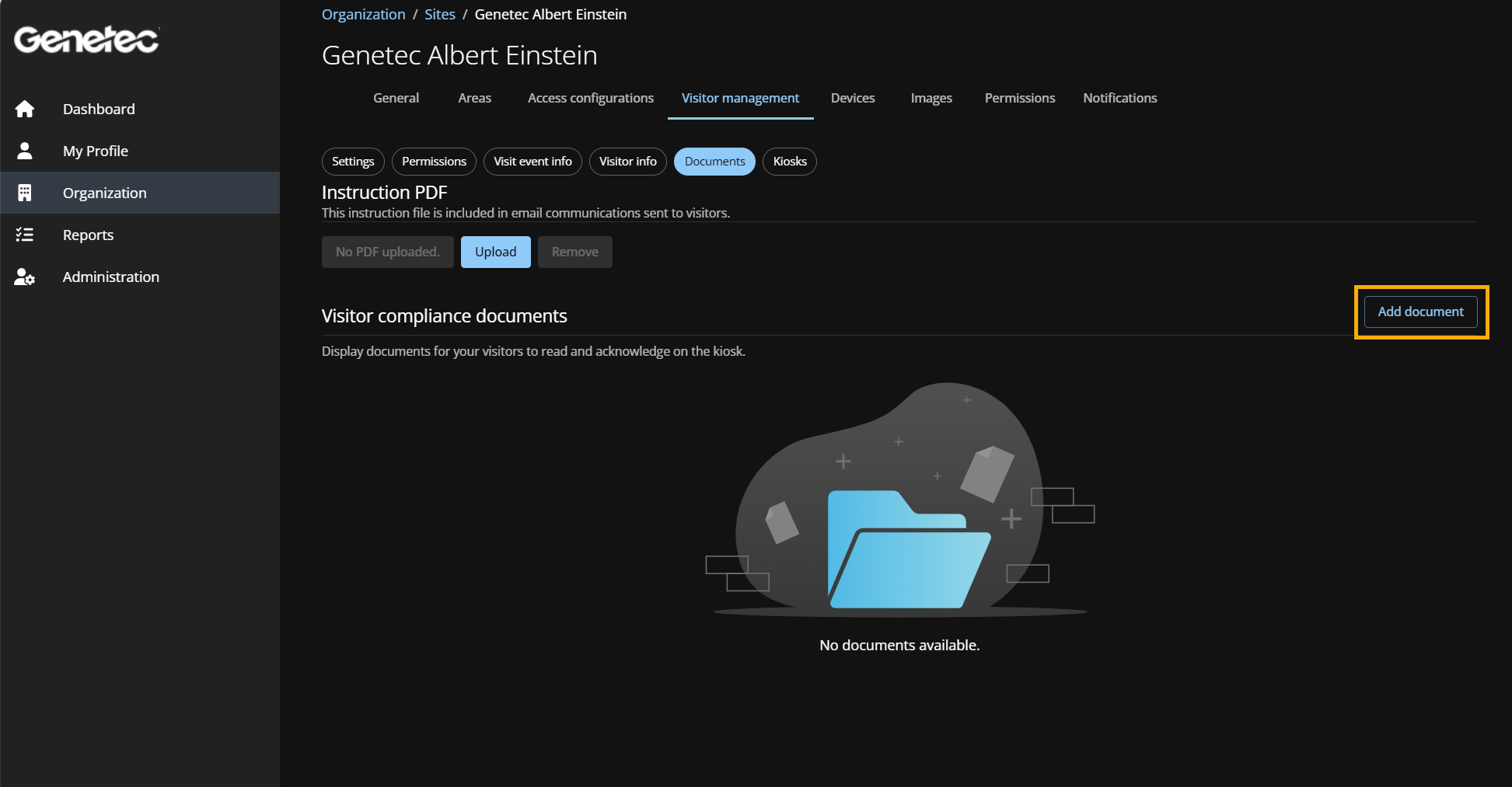 La sección de Documentos de cumplimiento de visitantes del portal web de ClearID.