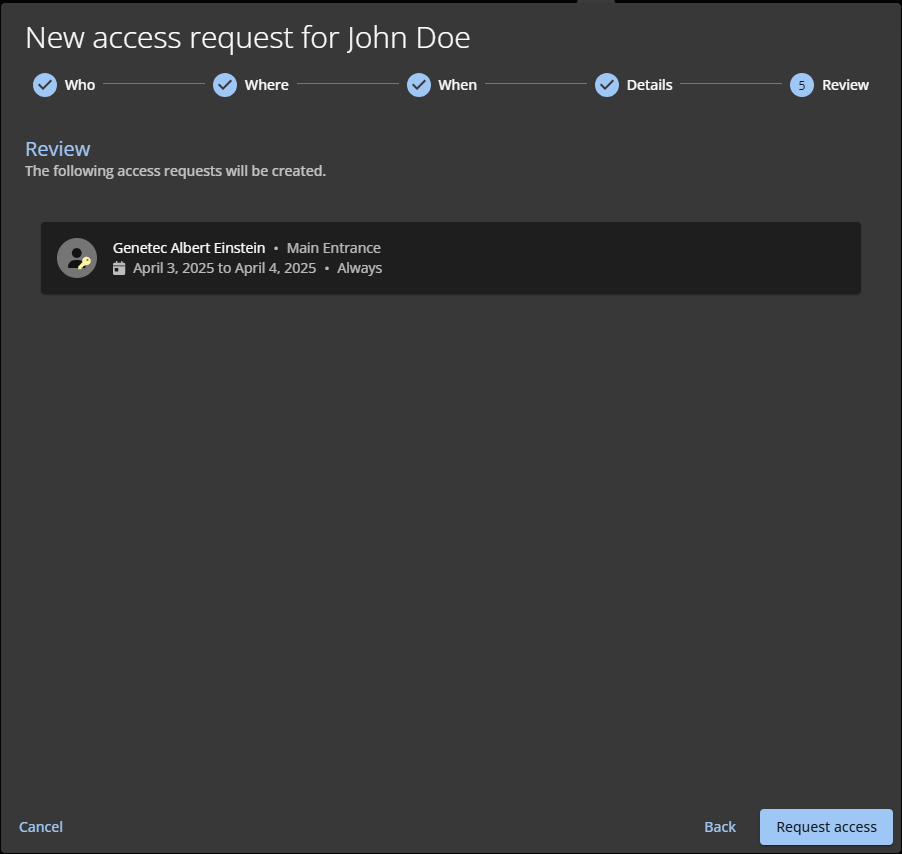 La sección de Revisar del cuadro de diálogo de Nueva solicitud de acceso.