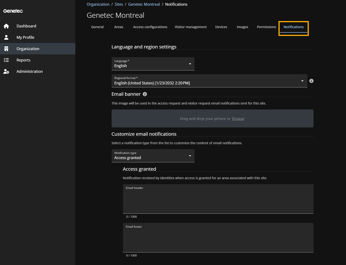 La pestaña de Notificaciones de la página Sitios.