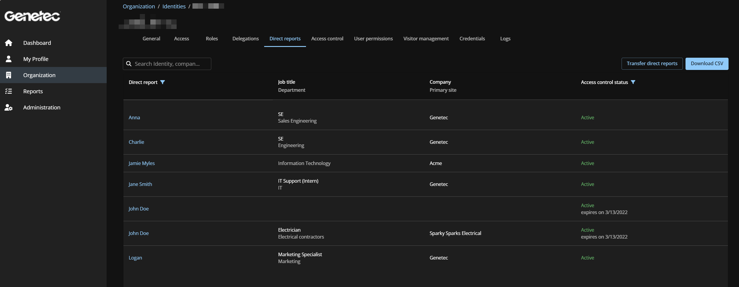 Página de subordinados inmediatos en ClearID que muestra también los otros detalles a los que se puede acceder desde el panel de navegación.