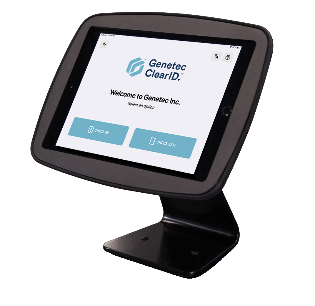 Ejemplo de la aplicación móvil Genetec ClearID™ Self-Service Kiosk que muestra la pantalla de bienvenida en un iPad con opción de soporte de mesa.