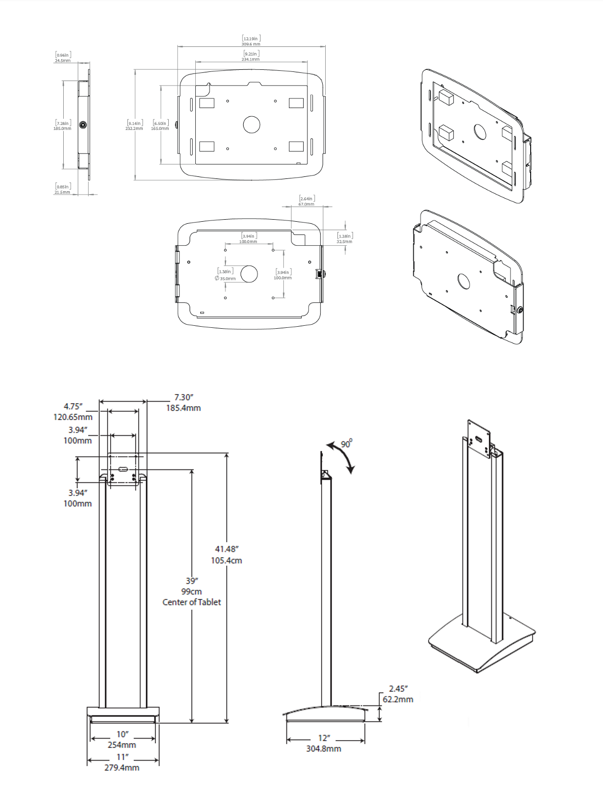Un diagrama con especificaciones para el soporte de suelo para ClearID Self-Service Kiosk.