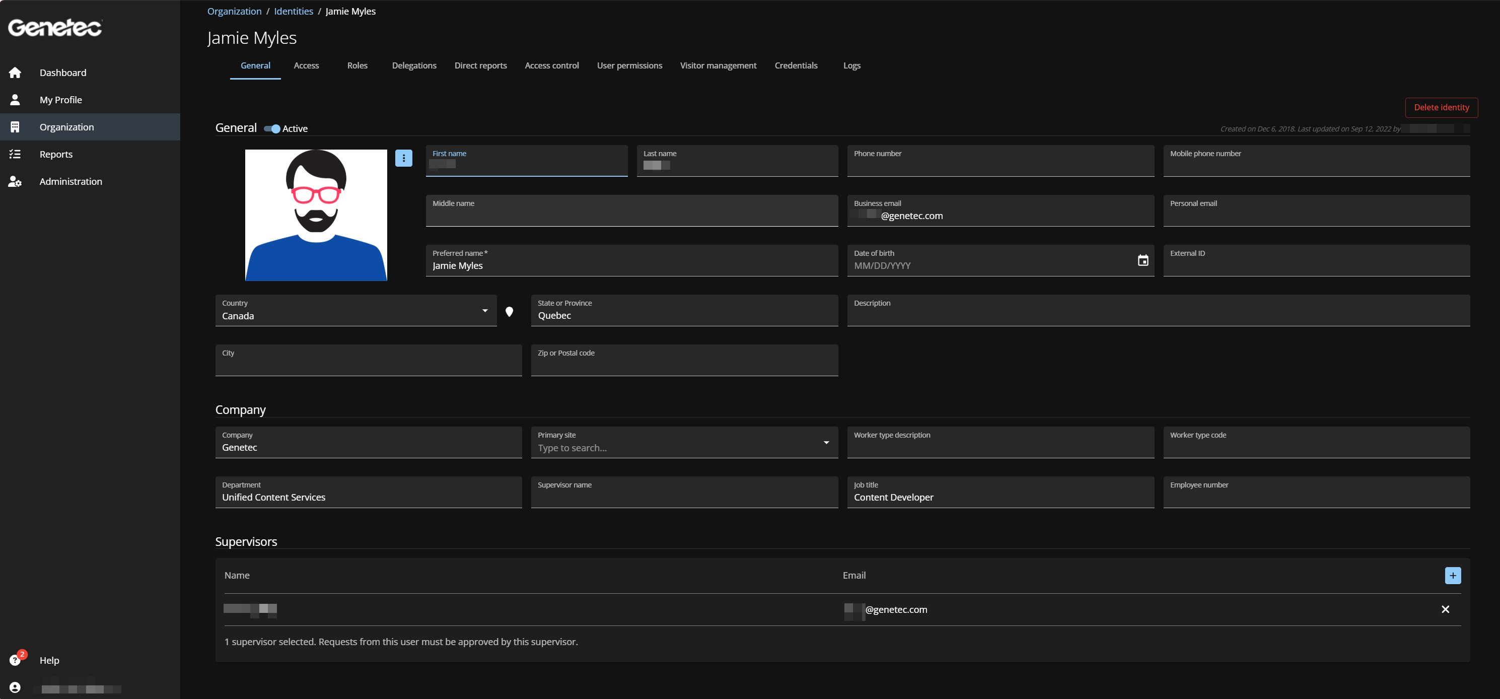 Configuración general en página de ClearID que muestra información general de una Identidad.