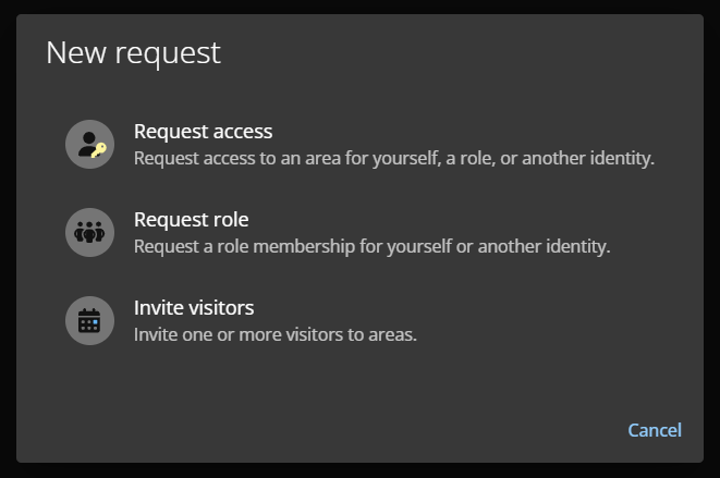 El cuadro de diálogo de Nueva solicitud en el portal web de ClearID en el que solo se ve las opciones de solicitud de acceso, solicitud de función e invitar visitantes.