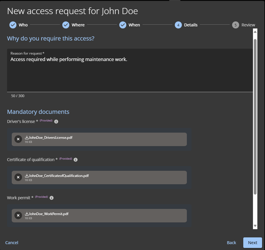 La sección de Detalles del cuadro de diálogo de Nueva solicitud de acceso.