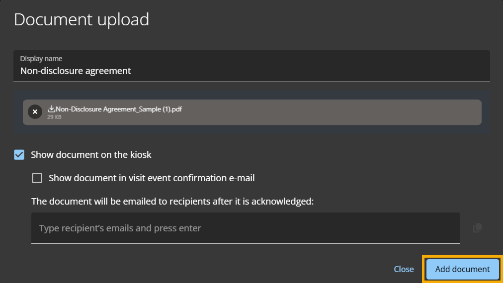 La interfaz de carga de Documentos de cumplimiento de visitantes.