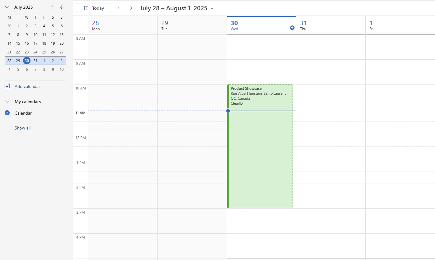 Un evento de visita de ClearID agregado a un calendario.