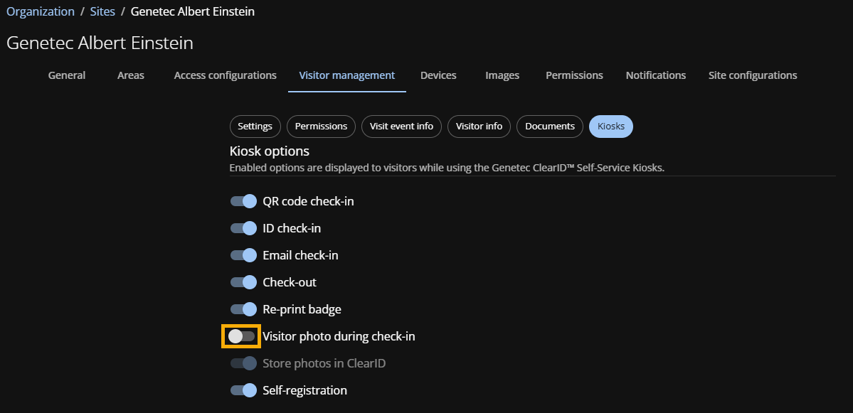 La sección de opciones del Quiosco de la página de Quioscos con la opción Foto del visitante durante el registro de ingreso desactivada.