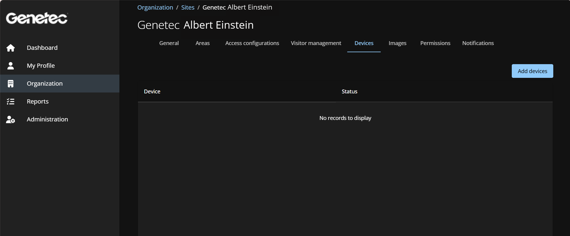 Una página del sitio en ClearID que muestra la pestaña Dispositivos sin dispositivos activados.