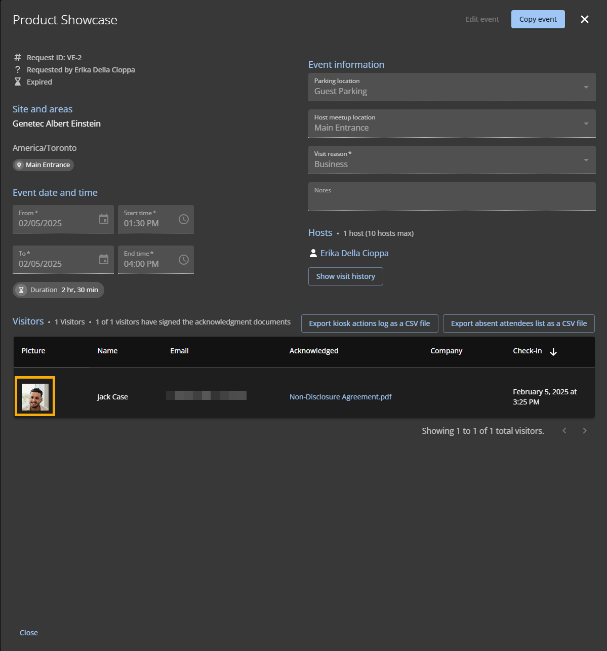 Un evento de visita en ClearID con una foto de un visitante.