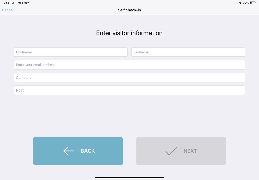 Página de autorregistro en Genetec ClearID™ Self-Service Kiosk.