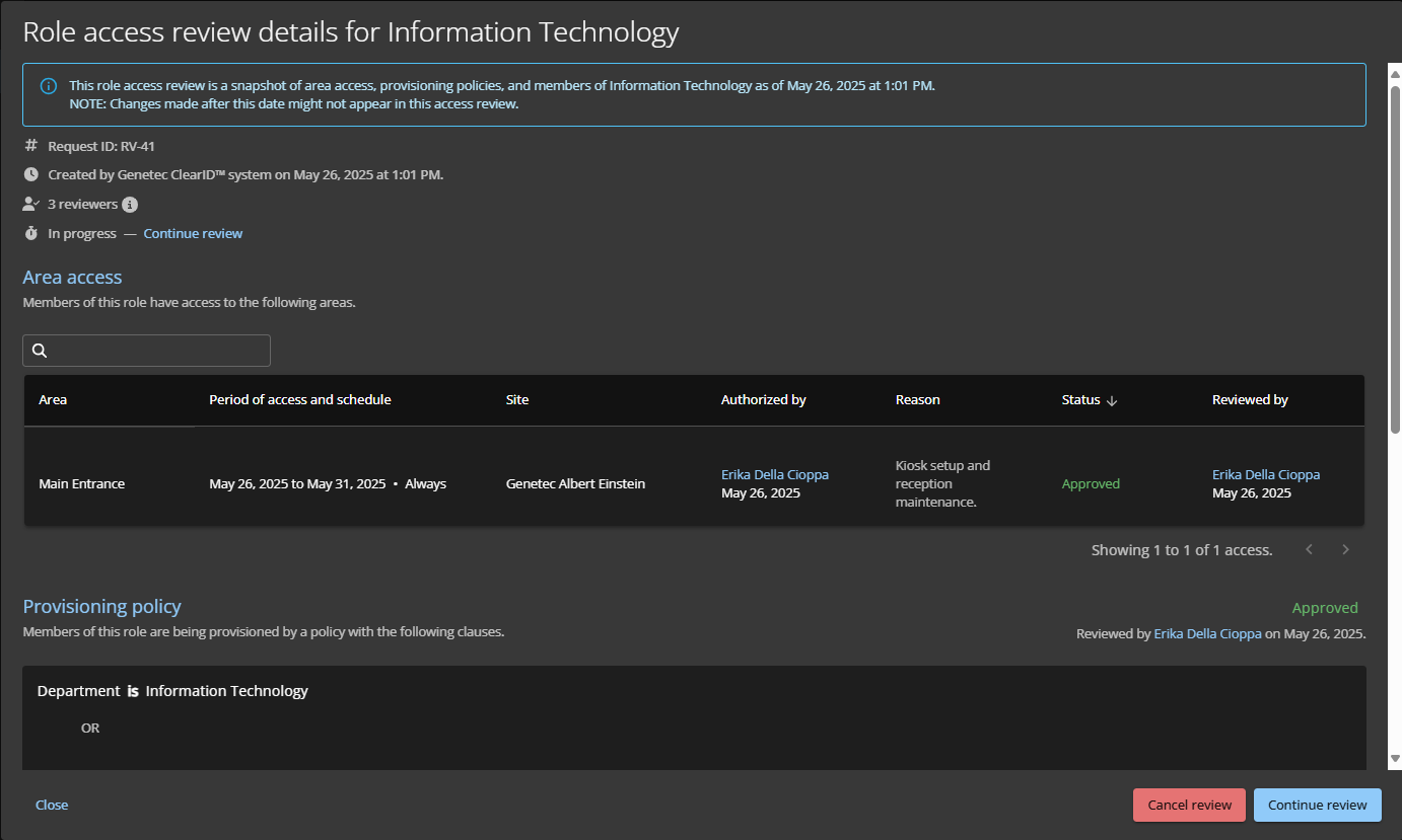 Sección de detalles de una revisión de acceso a la función en ClearID.