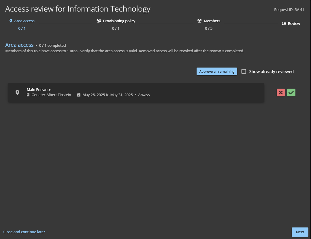 Sección de acceso al área de una revisión de acceso a la función en ClearID.