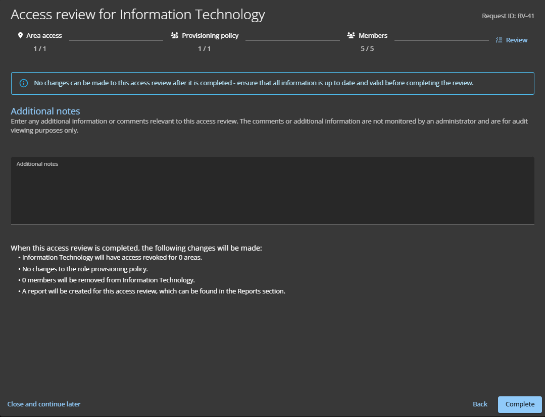 Sección de revisión de una revisión de acceso a la función en ClearID.