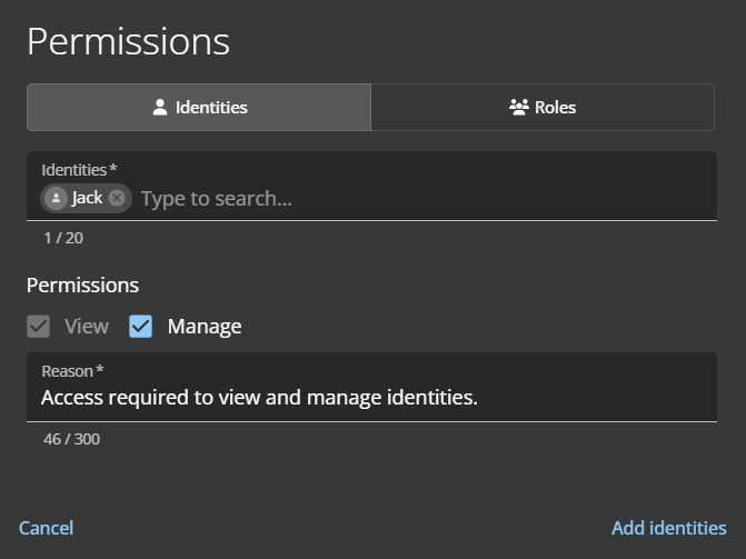 Diálogo de permisos en ClearID con la pestaña de identidades seleccionada y los campos completados.