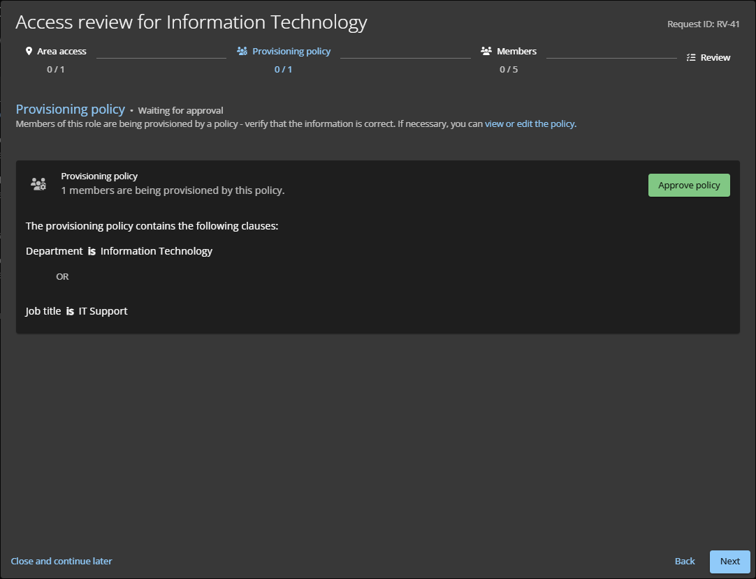 Sección de política de aprovisionamiento de una revisión de acceso a la función en ClearID.
