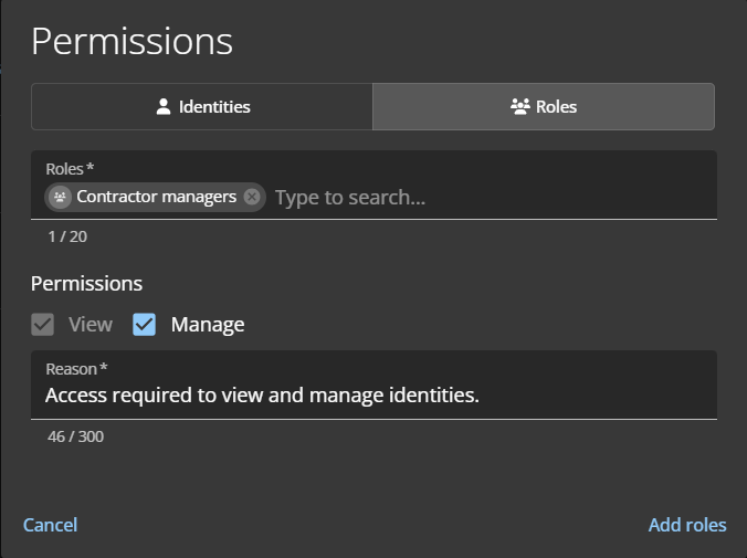 Diálogo de permisos en ClearID con la pestaña de funciones seleccionada y los campos completados.