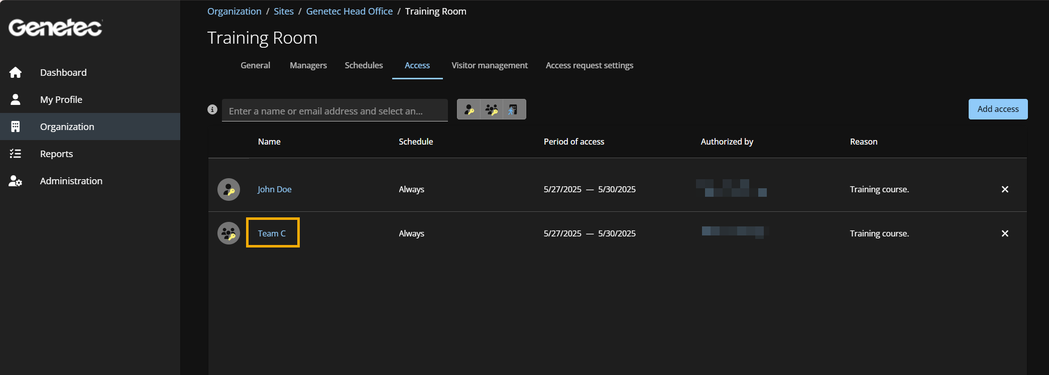 Página de acceso a áreas en ClearID que muestra un usuario y una función con acceso a la Sala de Entrenamiento.