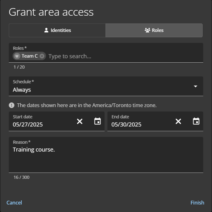 Diálogo de otorgar acceso al área en ClearID con la pestaña de Funciones seleccionada.