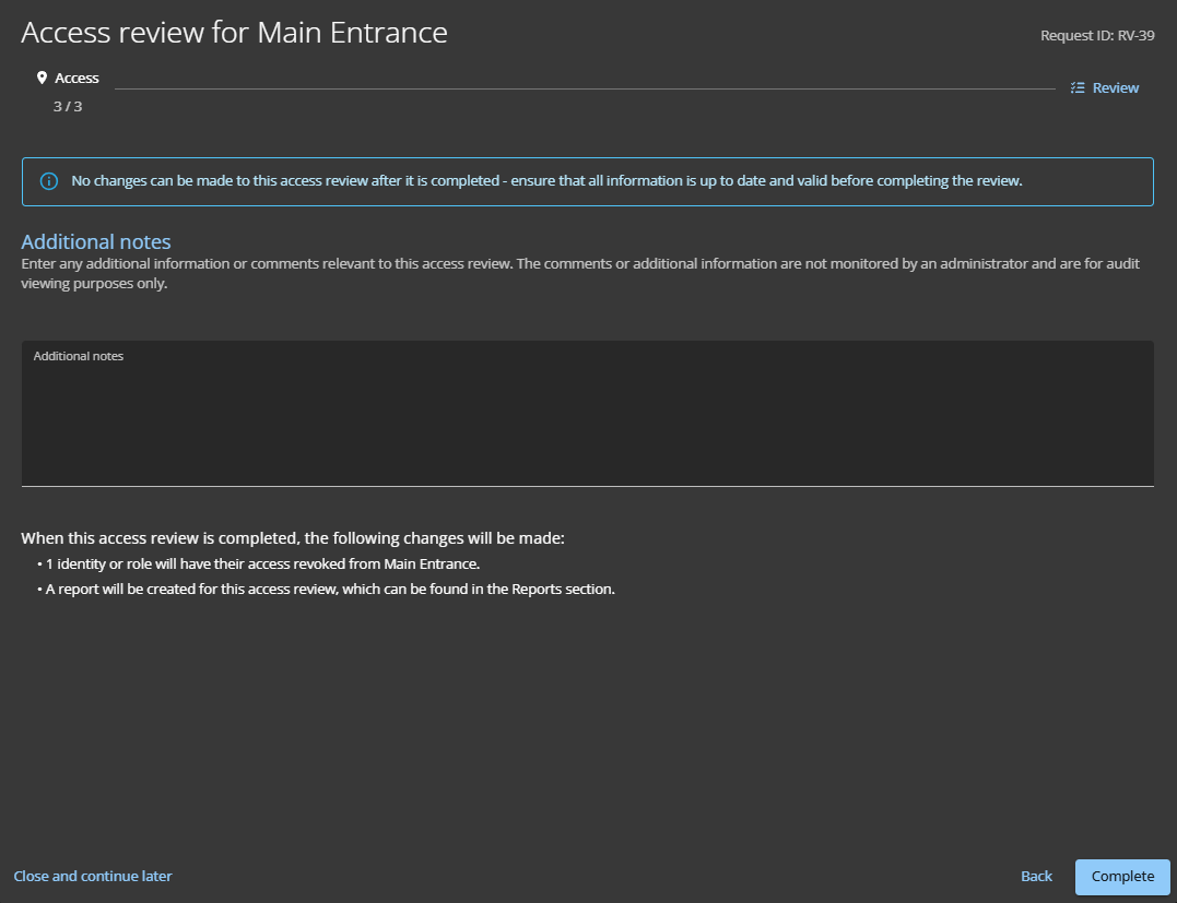 Sección de revisión de una revisión de acceso al área en ClearID.