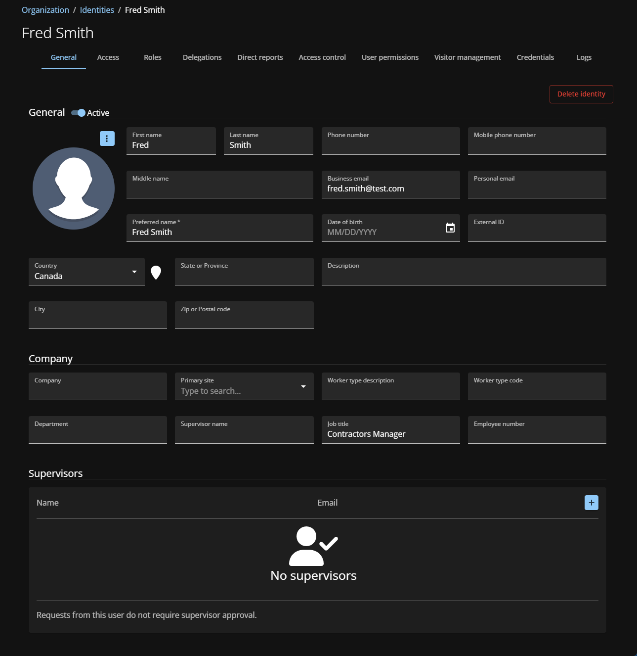 Página de identidades en ClearID que muestra Información general sobre las identidades.
